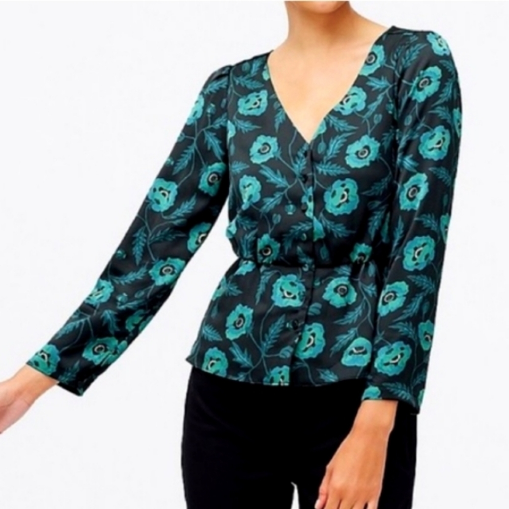 NWOT J. Crew Peplum Blouse Black and Emerald Green Holiday